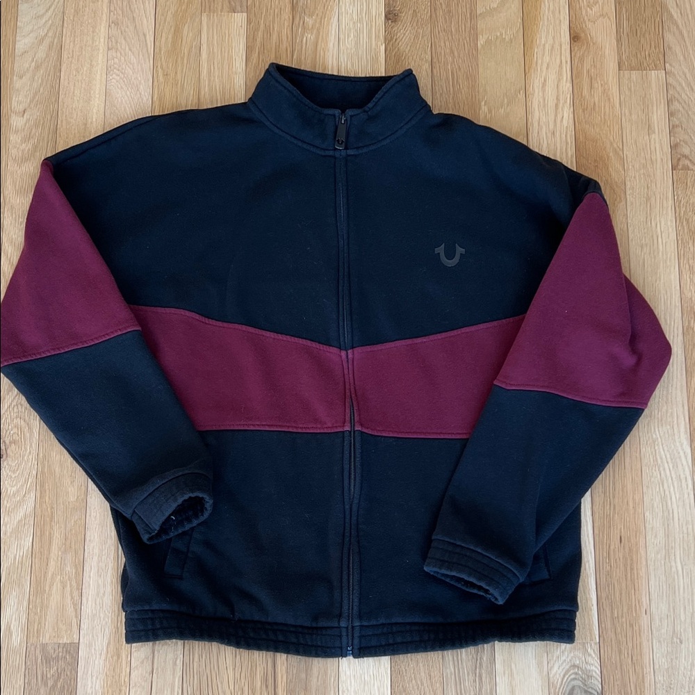 True Religion Black Maroon Color Block Full Zip Jacket, w/Pockets, Size M